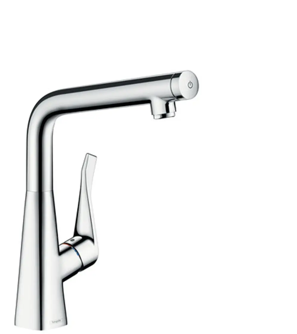 Hansgrohe-Spültischmischer mit einem schlanken, chromfarbenen Design. Die Armatur verfügt über einen Auslauf und einen seitlich angebrachten Griff zur Temperaturregelung.